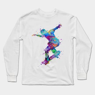 Boy Skateboard Colorful Watercolor Silhouette Long Sleeve T-Shirt